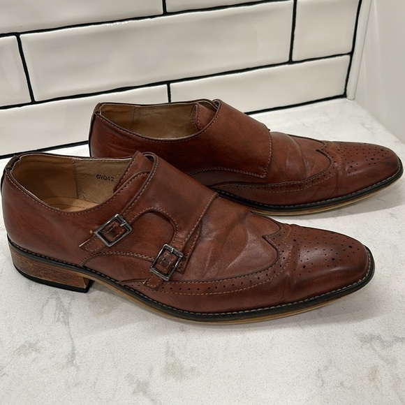 Gino Vitale Brown Monk Strap Brogue Wingtip Leather Men's Dress Shoe 9 - Picture 5 of 16